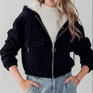 Black Sherpa Lined cropped corduroy bomber jacket